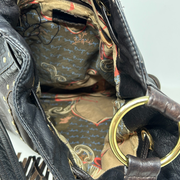 Bulga Brown Leather Studded Bucket Hobo Shoulder Bag Tassel Fringe Boho Hippie - Picture 14 of 16